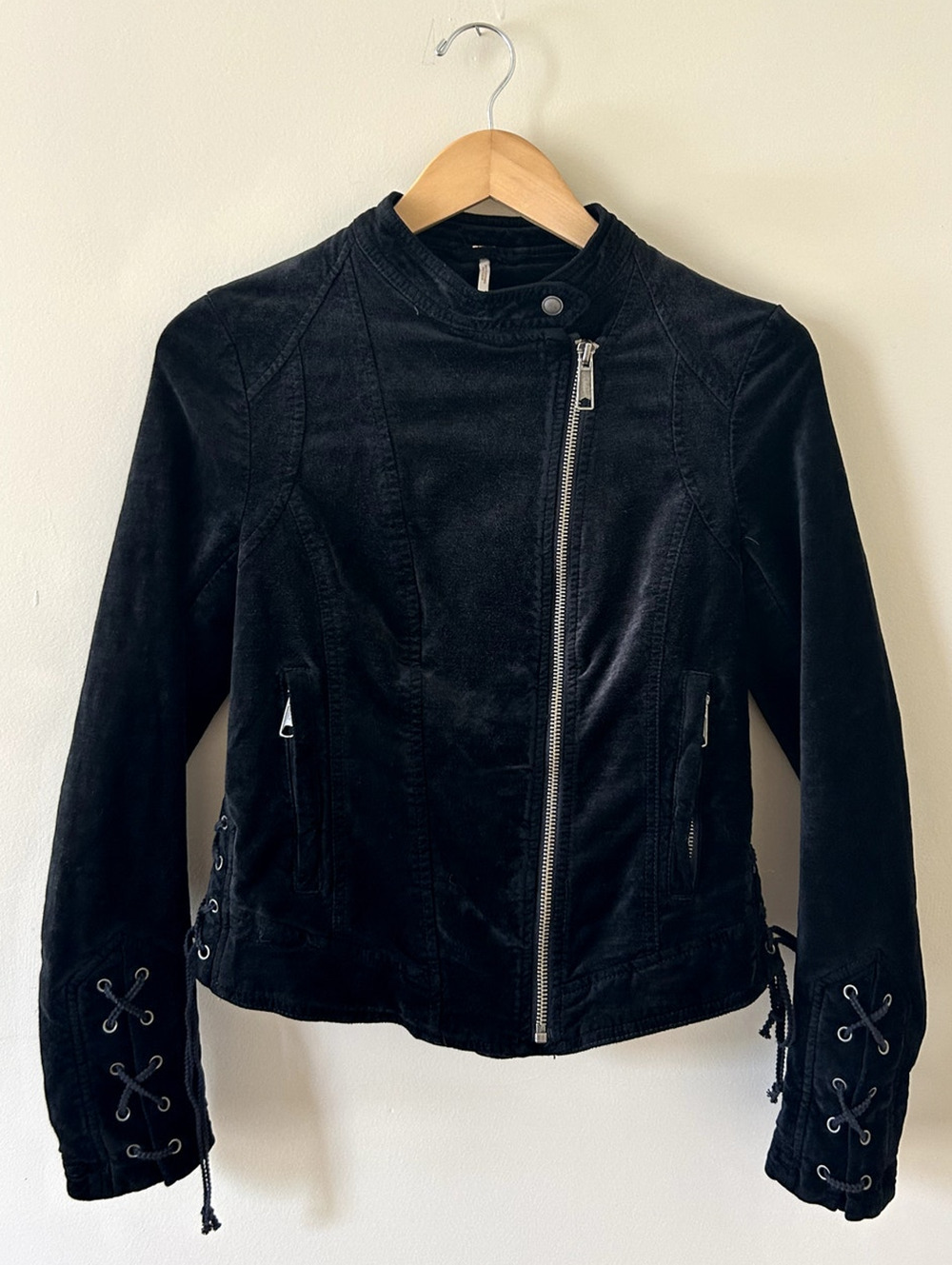 Free People Black Lacey Velvet Moto Jacket Corset Sleeves Women's Small